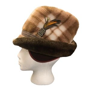 Vintage Faux Fur Brown and White Plaid Fedora Hat with Earflaps and Feather
